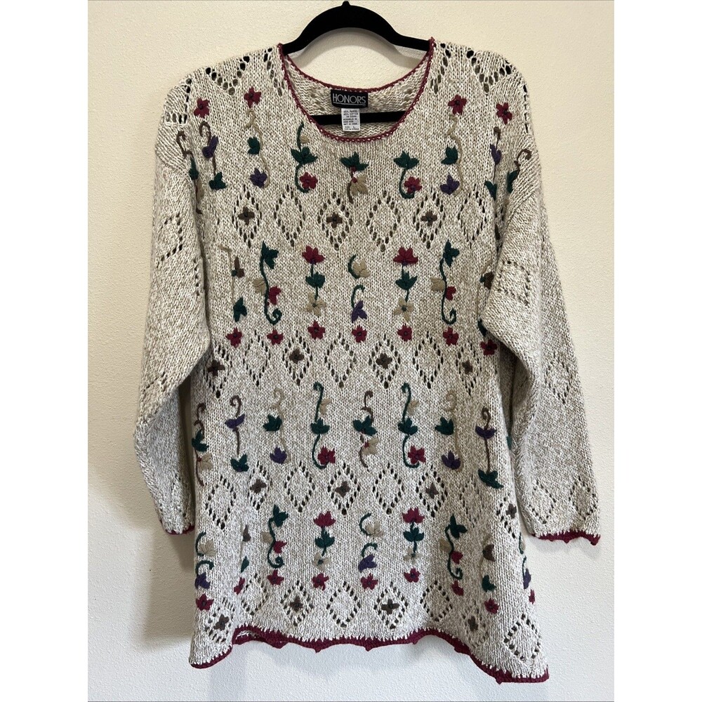 VTG Women’s Sweater Flowers Grannycore Spring Crochet L - Picture 1 of 7